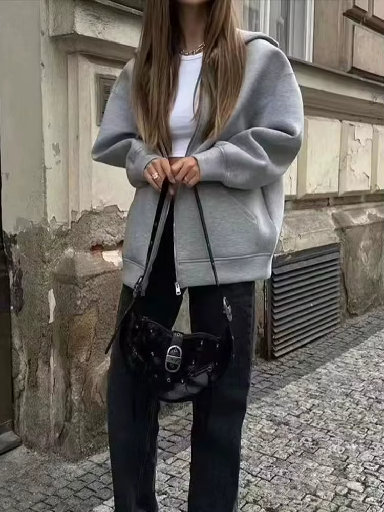 HH automne femmes gris veste avec capuche à manches longues grande poche veste à glissière manteau f