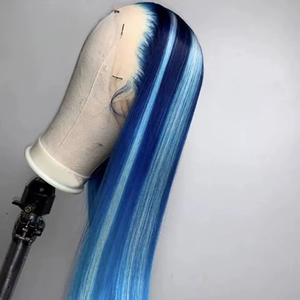 Perruque synthétique longue et droite bleue sans colle 13x4, pré-épilée, prête à porter pour femme,