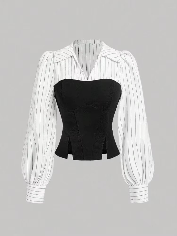 Chemise à revers épissé rayé pour femmes, tenue de bureau élégante, Style Business décontracté