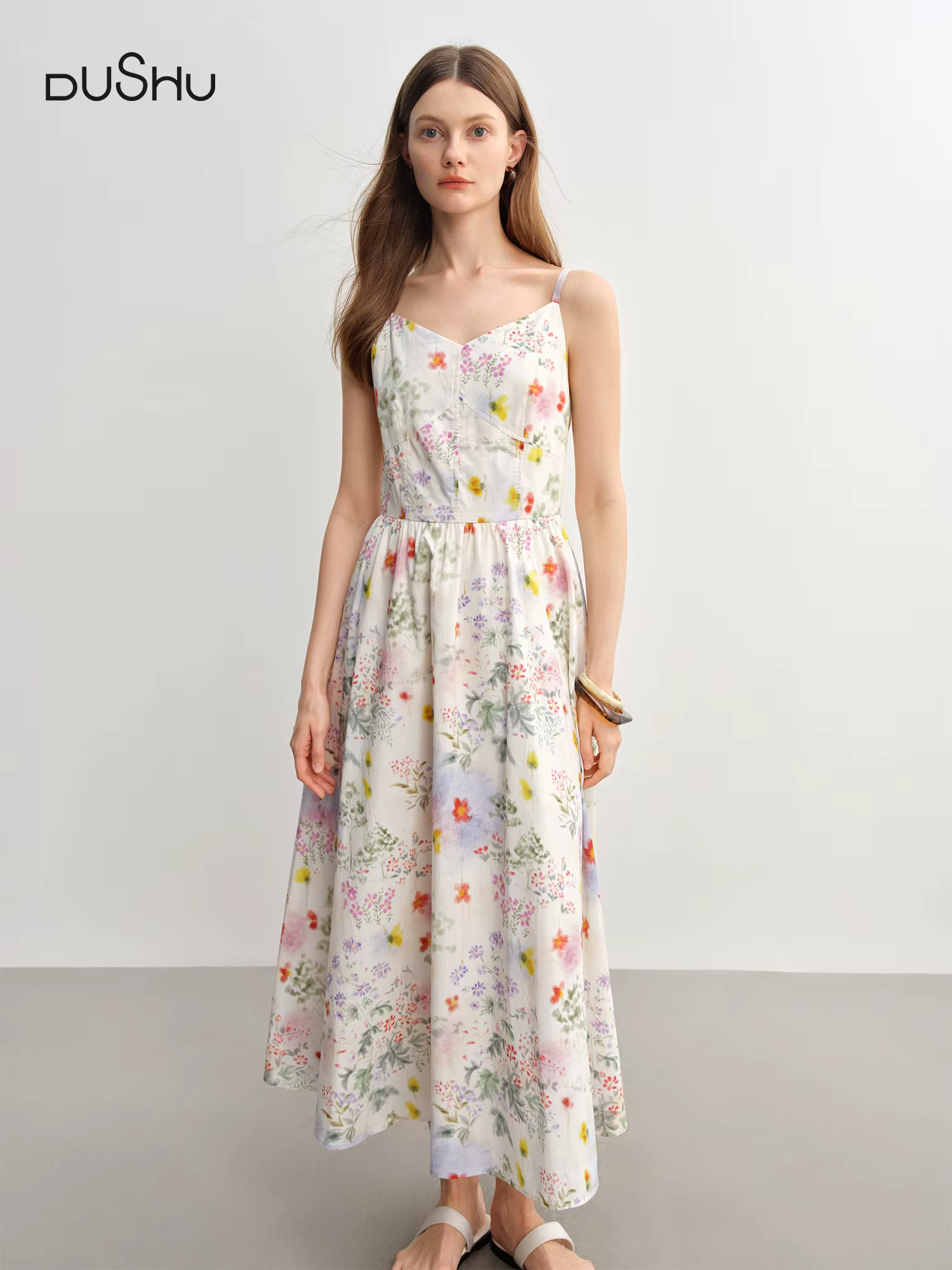 DUSHU 2025 Robe d'été à bretelles florales pour femme - Silhouette amincissante de style resort Midi