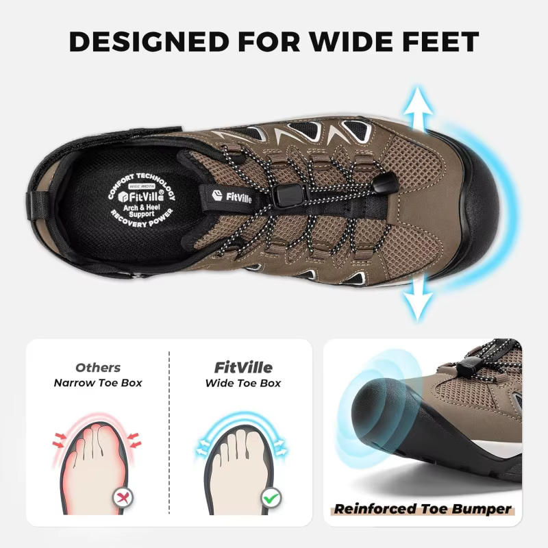 Sandales de randonnée orthopédiques FitVille pour hommes, à bout fermé, antidérapantes, avec semelle
