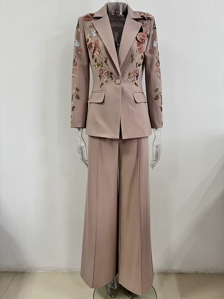 HIGH STREET – ensemble de costume de défilé de styliste pour femmes, Blazer perlé à fleurs 3D, panta