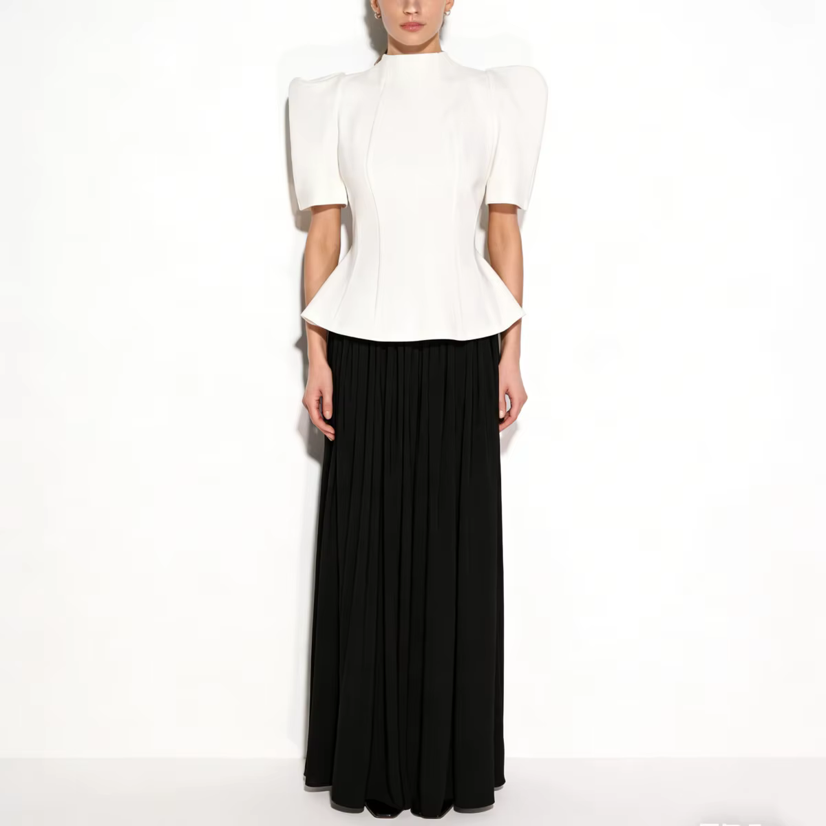 Haut Peplum Femme CiCi Col Montant Manches Courtes Bouffantes Silhouette Structurée Élégant Tenue de