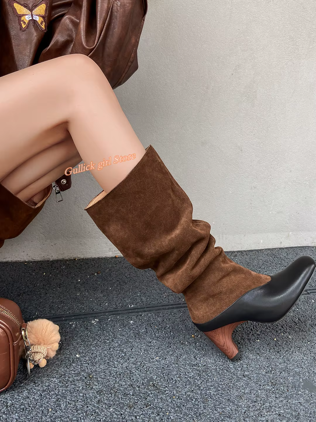 Patchwork genou bottes hautes daim cuir sans lacet Slouchy mode 2025 hiver automne piste femmes robe