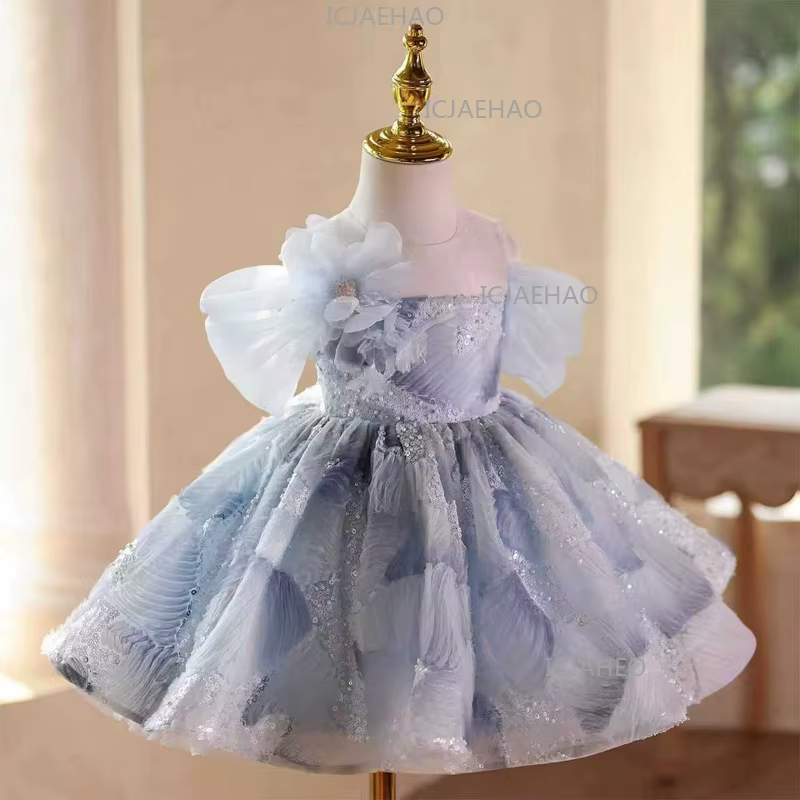 Robe de princesse élégante bleue à manches courtes pour filles 2026, robe de soirée formelle à sequi