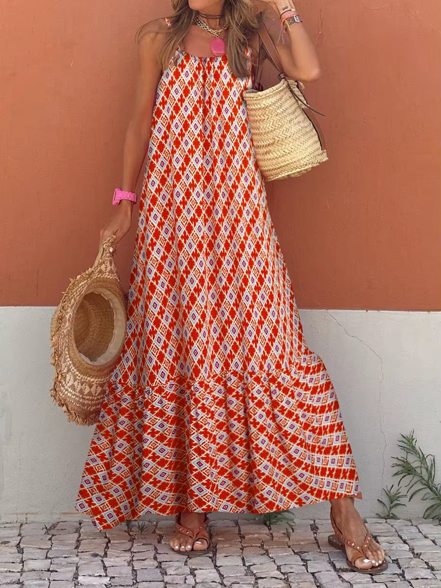 Robe longue style Boho pour femmes, sans manches, ample, imprimée, bretelles Spaghetti, robes fluide