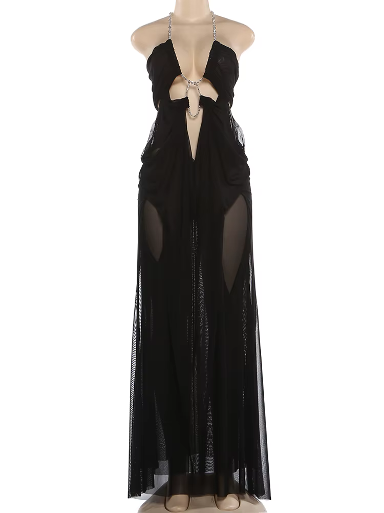 Nibber Bal Robe De Soirée Femme Sexy Voir À Travers De Luxe Chaîne Halter Col Bas Dos Nu Sans Manche
