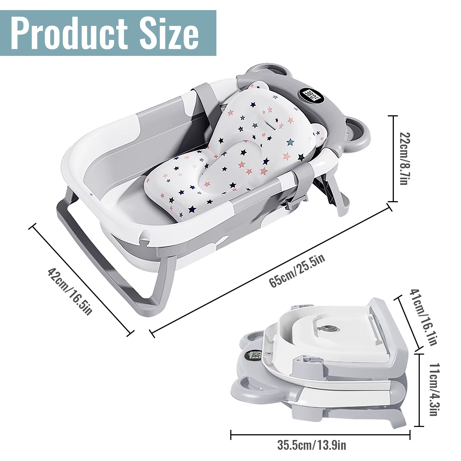 Baignoire pliable pour bébé avec thermomètre, baignoire de voyage portable avec tapis de bain doux, 