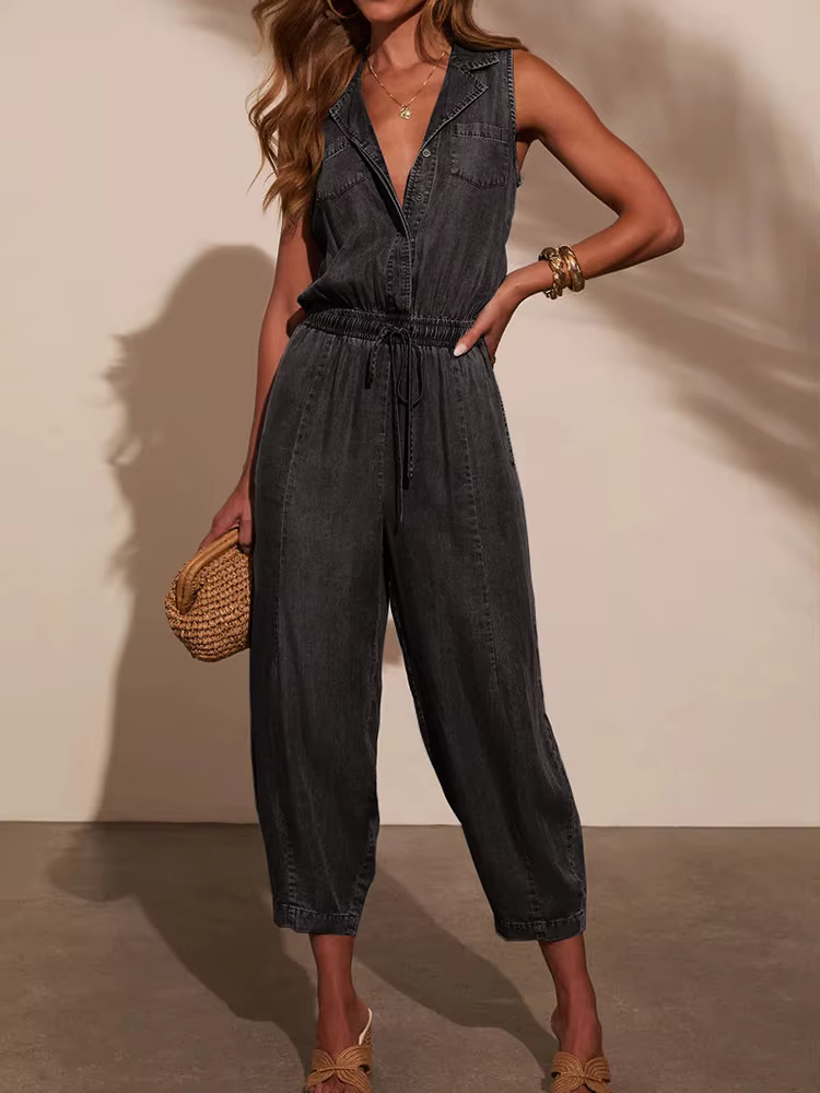 Jumpsutis chics en Patchwork de boutons à col en V, combishorts d'été sans manches pour femmes, nouv