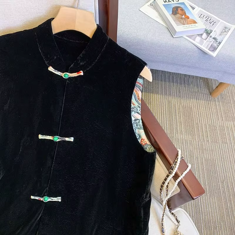Rongbuk-Manteau Noir à Col Glacé pour Femme, Vêtement de Style Chinois, avec Fente, à la Mode, Autom