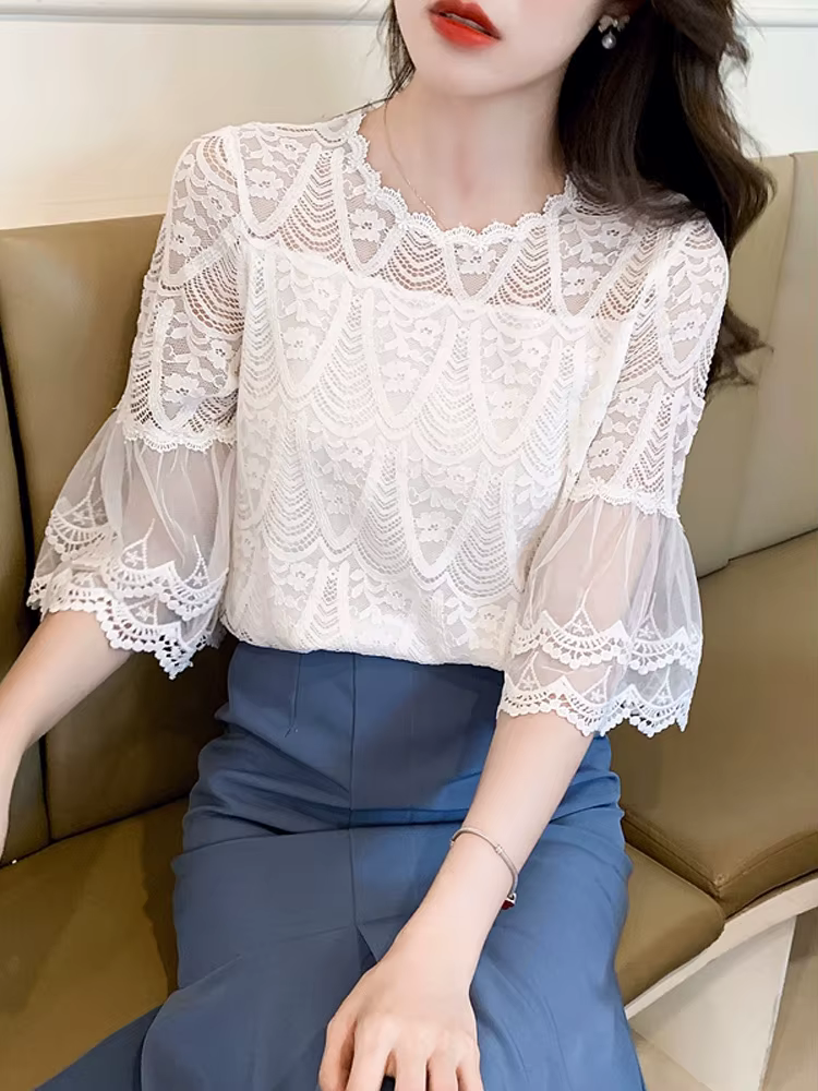 Chemisier en dentelle à fleurs avec doublure pour femme, chemise évidée, manches évasées, col rond, 