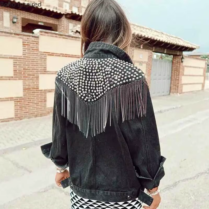 TEELYNN Boho noir Denim veste pour femmes manteaux à manches longues automne ample frange Jean veste