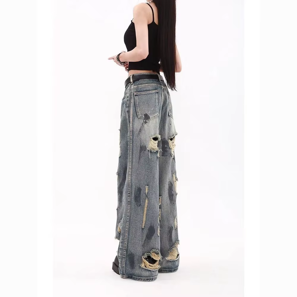 Jean ample bleu déchiré style Y2K rétro américain taille haute tendance pour hommes et femmes, coupe