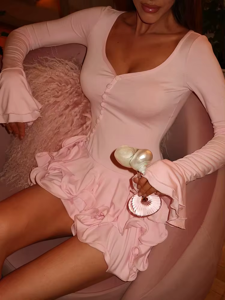 Mozision manches évasées à volants Sexy Mini Robe femmes Robe irrégulière simple boutonnage col en V