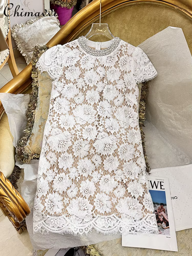 Robe à ongles française en dentelle, nouvelle mode lourde, haut de gamme, luxe, Slim, élégante, manc