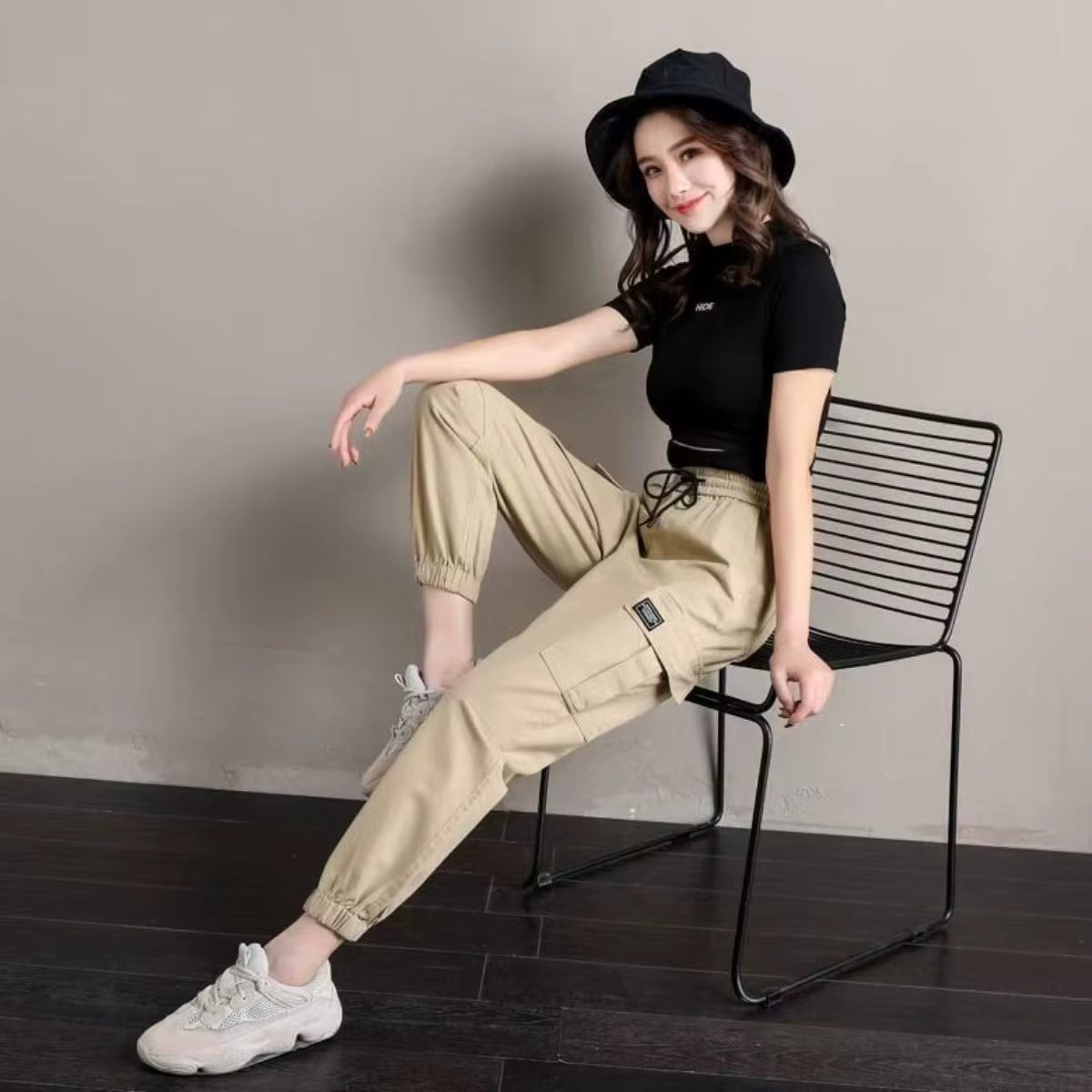 Pantalon femme Style fin nouveau solide poches décontractées pantalon à jambes larges cordon mode da