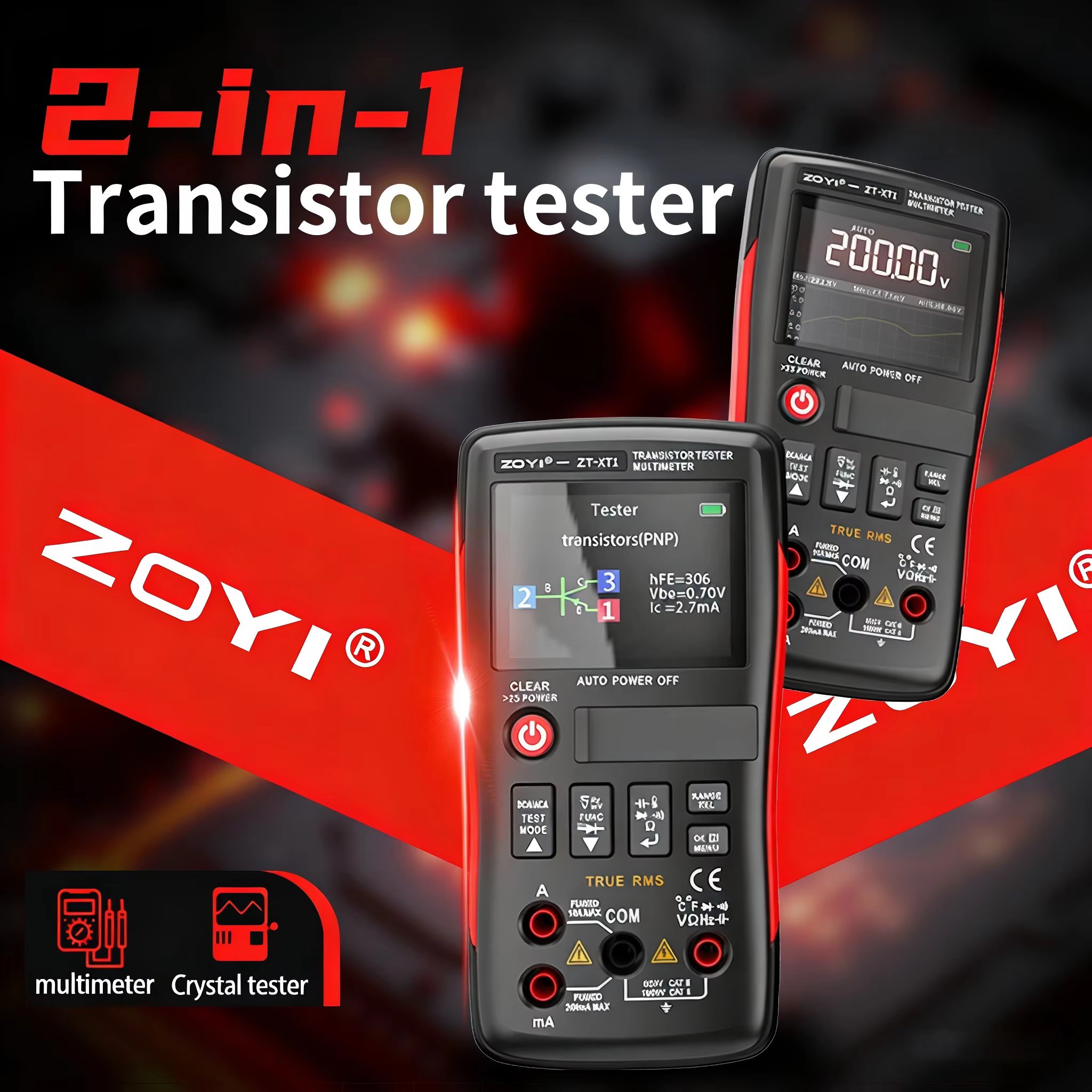Multimètre numérique et testeur de transistors 2-en-1 ZOYI ZT-XT1, pour la mesure de la tension, de