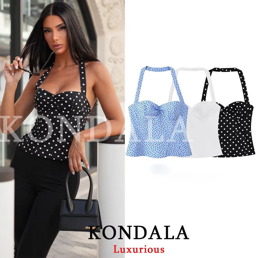 KONDALA Sexy Y2K Girl Halter Tops Corset Slim Polka Dot Print Short Tops Fashion 2026 Spring Summer 