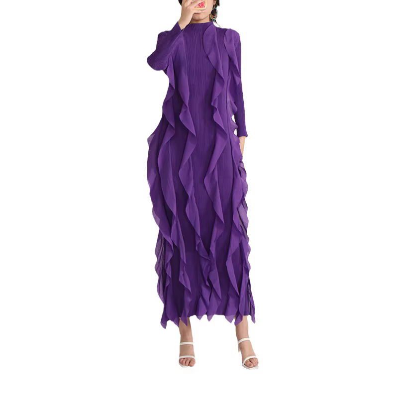Robe longue de style français vintage, col montant, manches longues, haute élasticité, bouclier de c