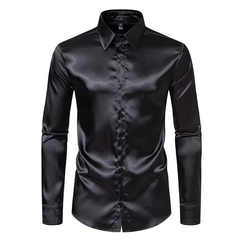 Chemises de luxe en Satin noir pour hommes, chemise de smoking lisse en soie, couleur unie, pour fêt