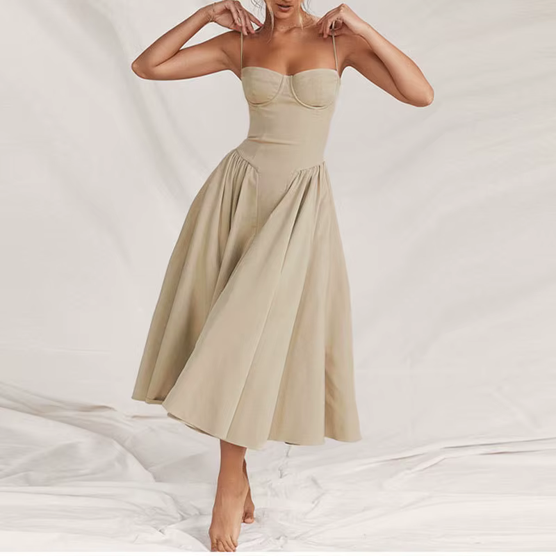 Robe mi-longue plissée dos nu pour femme, élégante, sexy, solide, fronde, soirée, robes trapèze, été