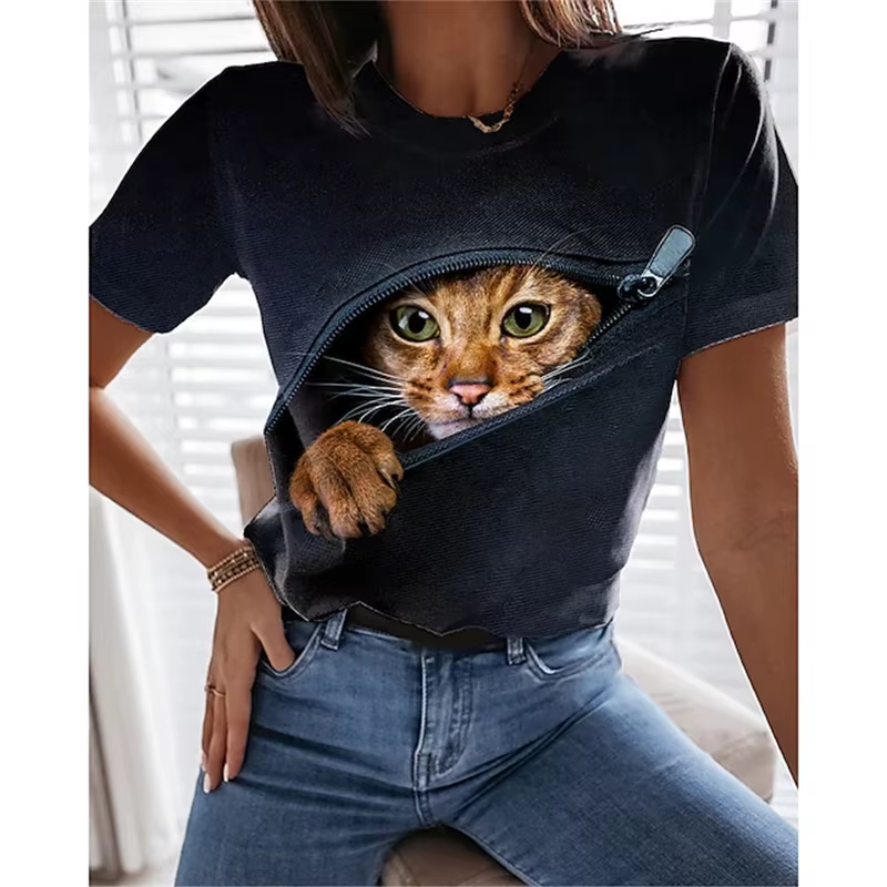 T-Shirt chat Kawaii imprimé en 3D pour femmes, t-shirts graphiques d'animaux amusants, décontracté, 