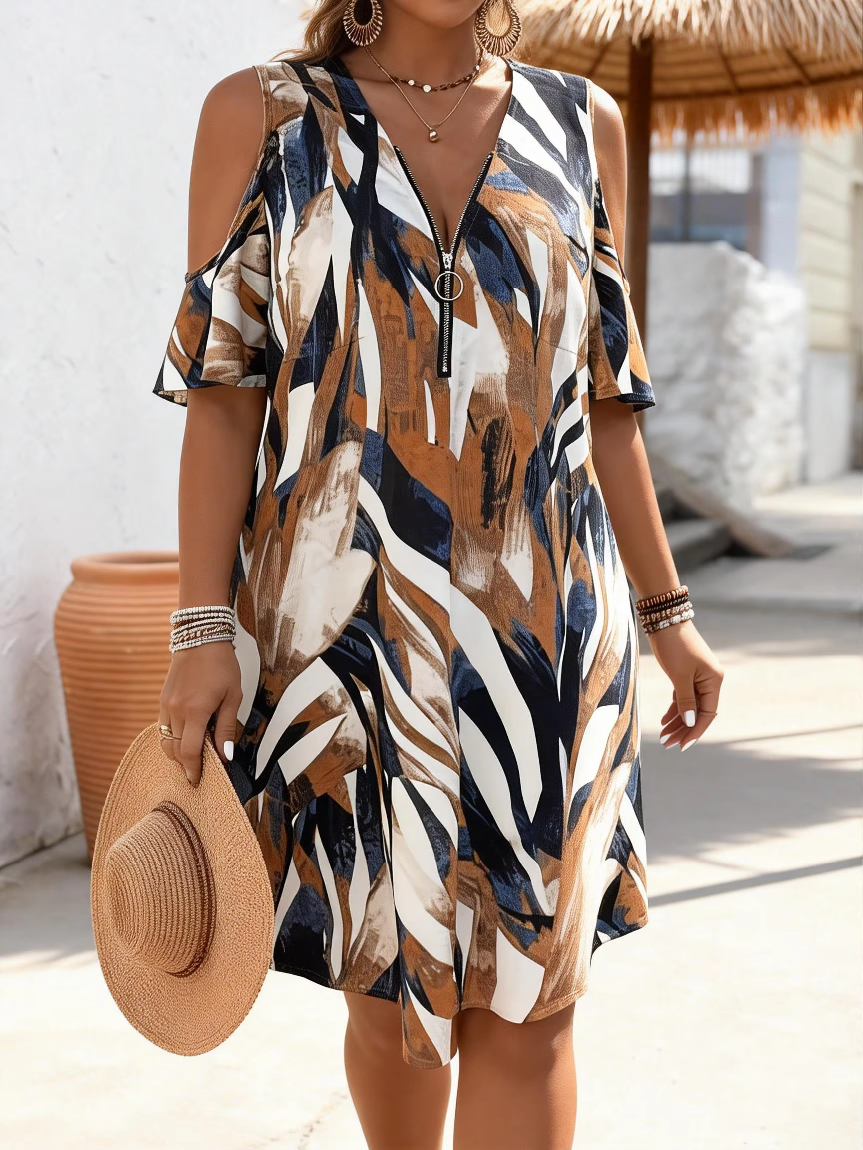 Robe d'été élégante, col en v, fermeture éclair, sans manches, grande taille, décontractée, ample, i