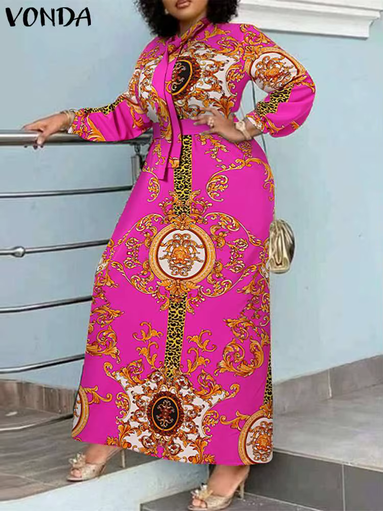 VONDA Robe Maxi 2024 été femmes bohème imprimé fête Robe d'été à manches longues col montant Robe dé
