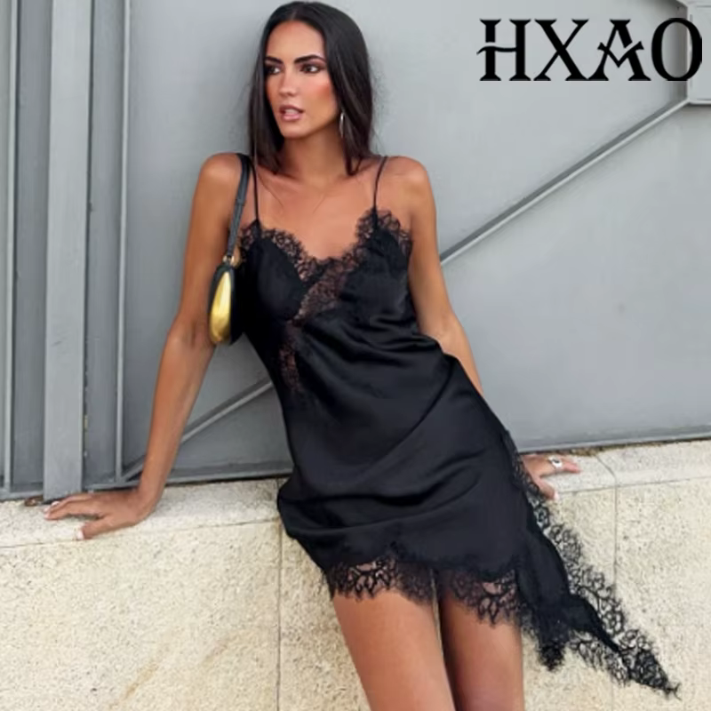 HXAO Slip femmes robes sans manches robe en dentelle noire femme asymétrique robes de soirée élégant