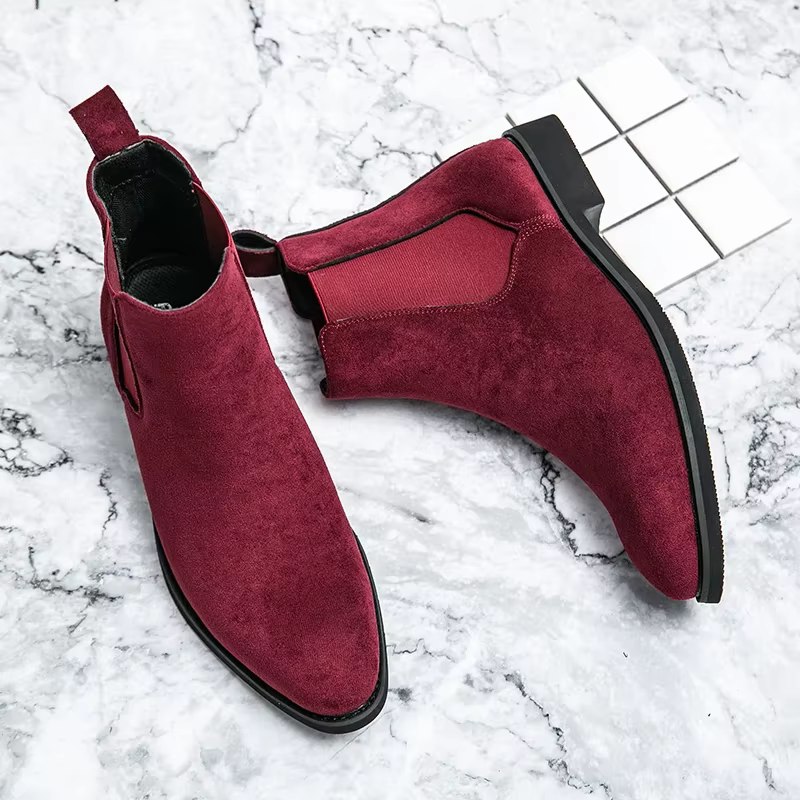 Bottes Chelsea pour Hommes en Daim Rouge Vin, Bout Rond, Bottes de Ville à Talons Bas, Faciles à Enf