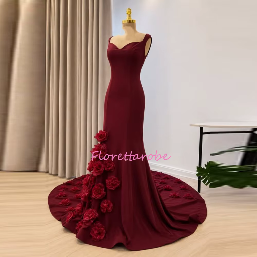 Robes de soirée romantiques bordeaux avec appliques florales, robes de bal sans manches, robes de cé