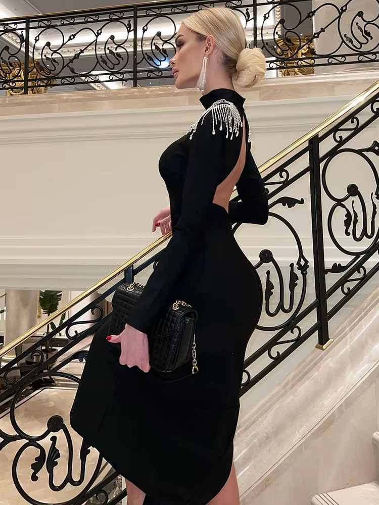 Ahagaga mode évider femmes Maxi Robes Sexy solide dos nu décontracté col roulé mince élégant moulant
