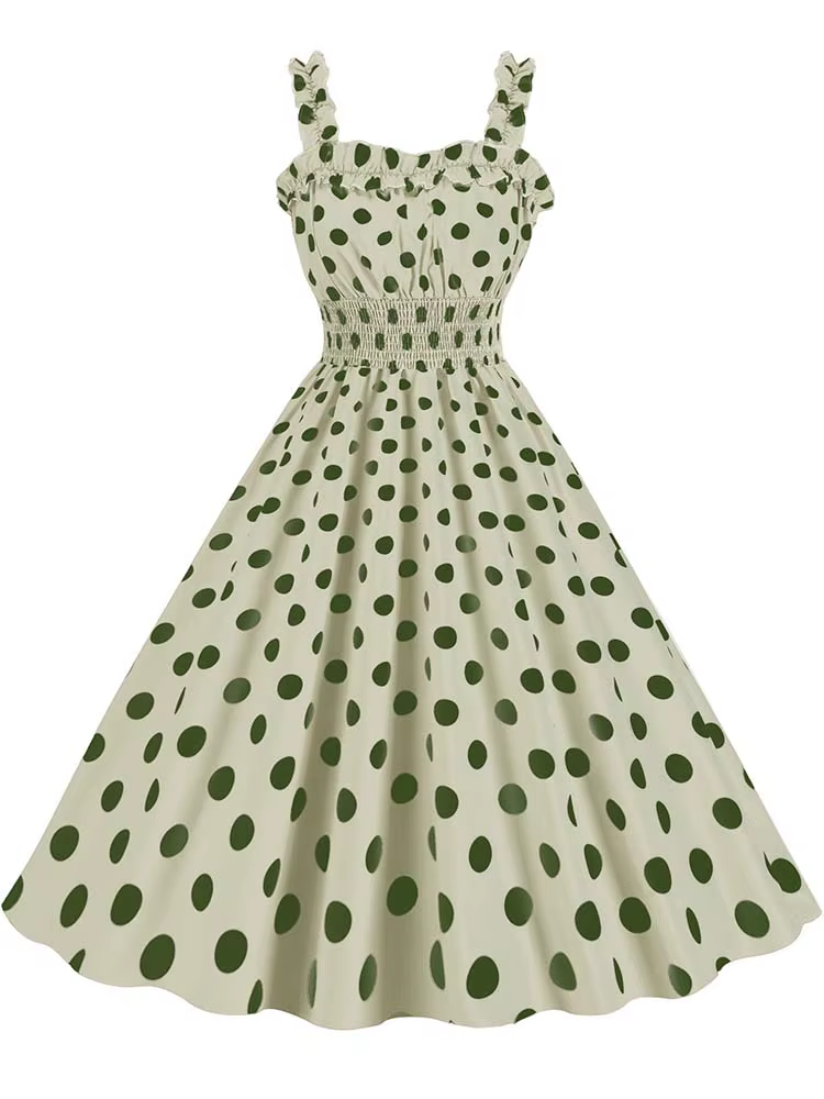 Robe mi-longue froncée à pois roses pour femmes, bretelles spaghetti, vintage, décontracté, imprimé,