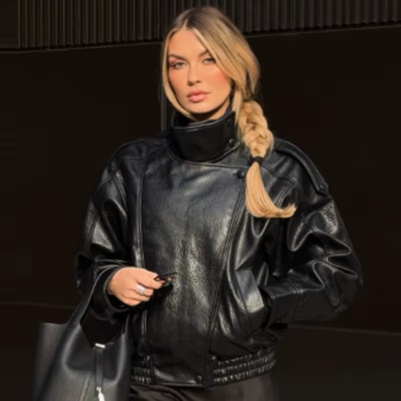 HXAO nouveauté femmes Bomber veste en cuir noir vestes recadrée surdimensionné vêtements d'extérieur