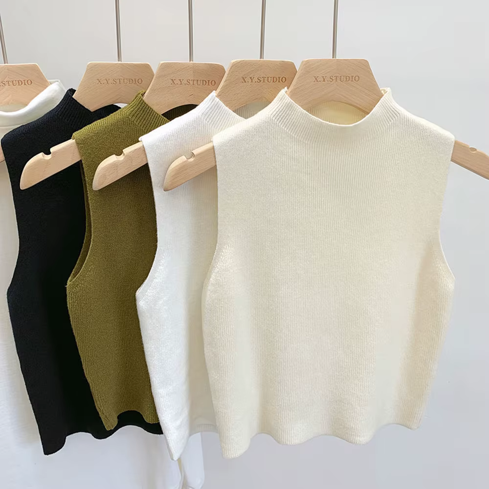 Débardeur femme couleur unie t-shirts tricotés recadrée Camisole pull demi-col roulé printemps autom