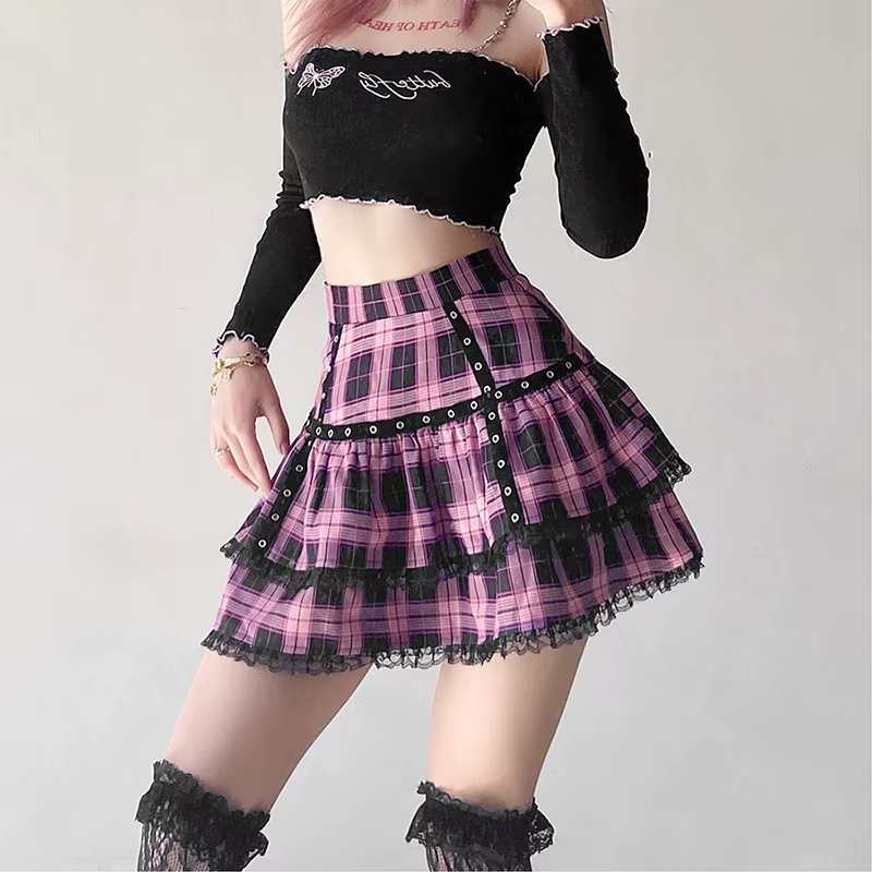 FISalle de bain R Mall Goth Gothic Lace Ruffle Mini Jupes pour femmes, Harajuku Grunge, Rose nickel 