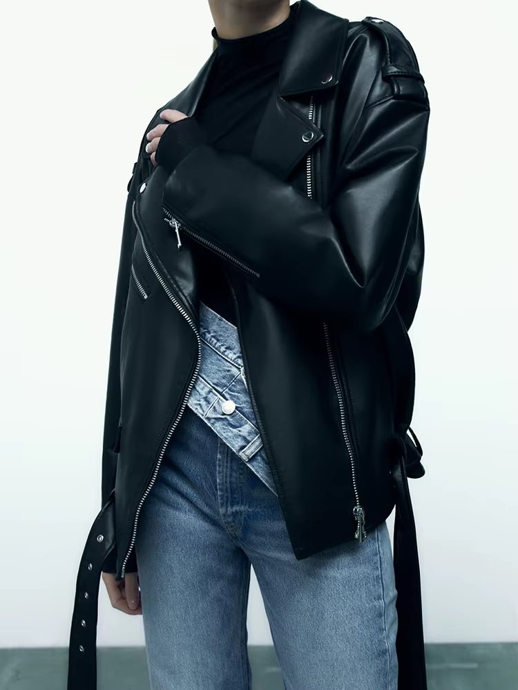 Ailegogo femmes ample moto motard noir Pu Faux cuir veste avec ceinture printemps automne femme mant