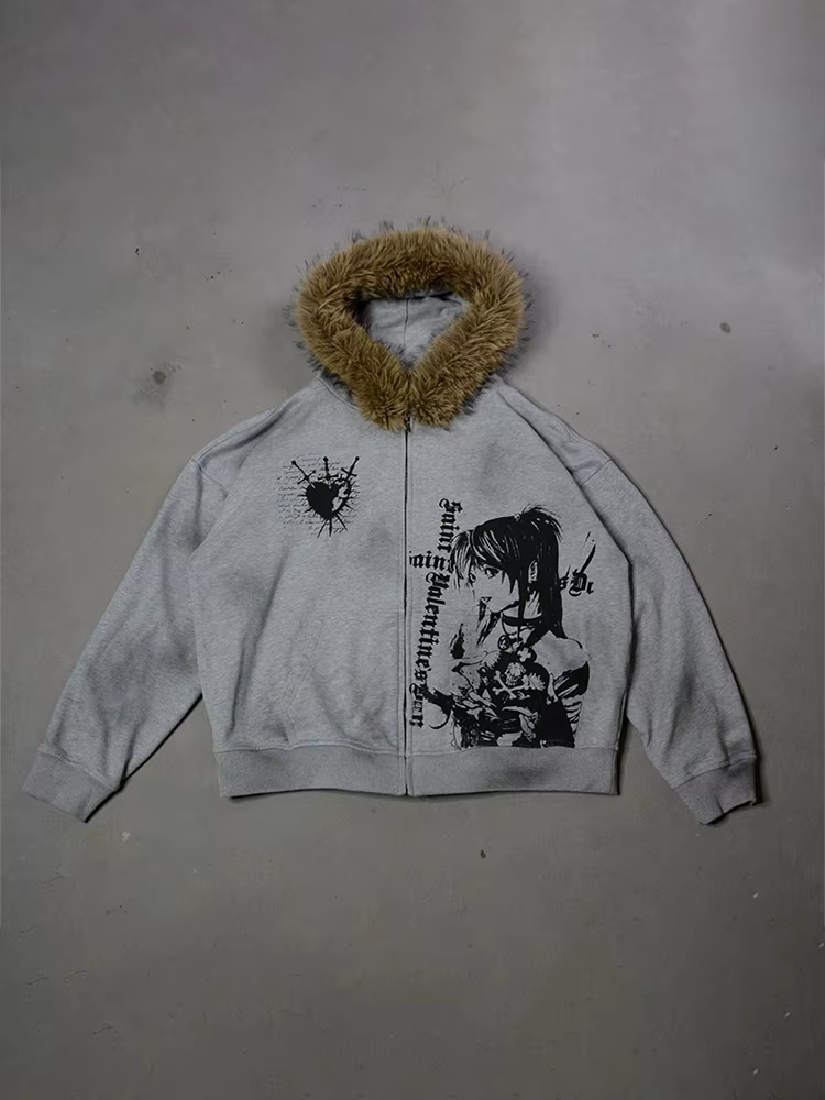 Veste à capuche en fausse fourrure pour femme, Streetwear, imprimé gothique, tendance, paresseux, fe