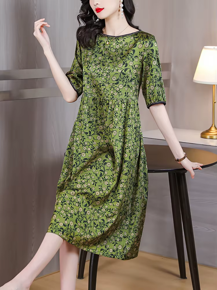 Robe mi-longue en satin à fleurs vertes pour femmes, mode estivale, manches courtes, taille adt, vin