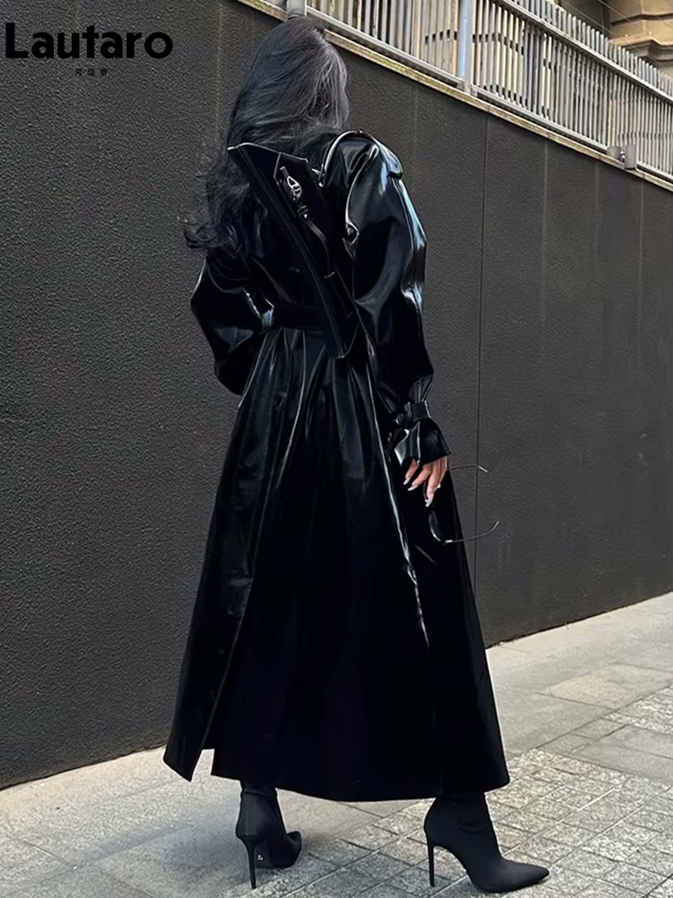 Lautaro printemps automne Extra Long surdimensionné Cool réfléchissant brillant noir en cuir verni T