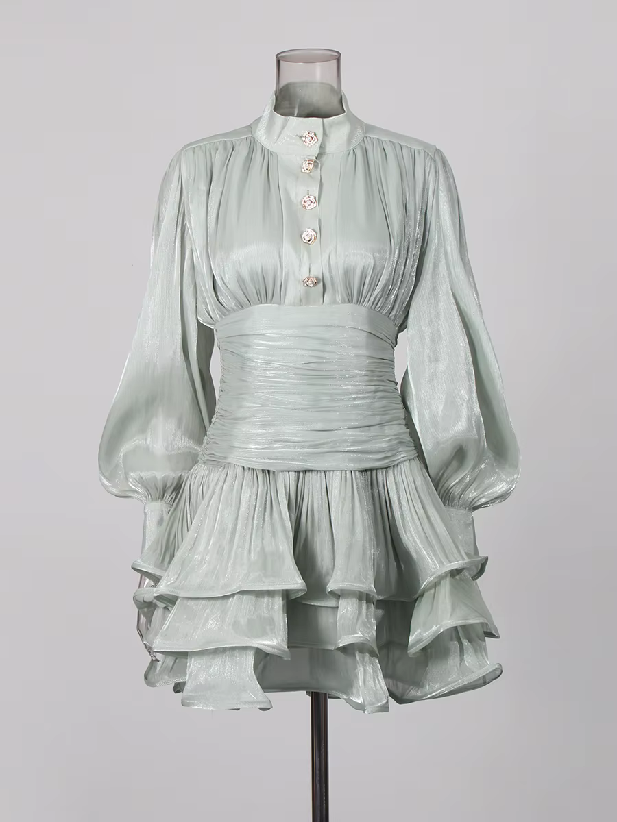 TWOTWINSTYLE élégant minceur épissé volants plis Mini robes pour les femmes col montant manches long