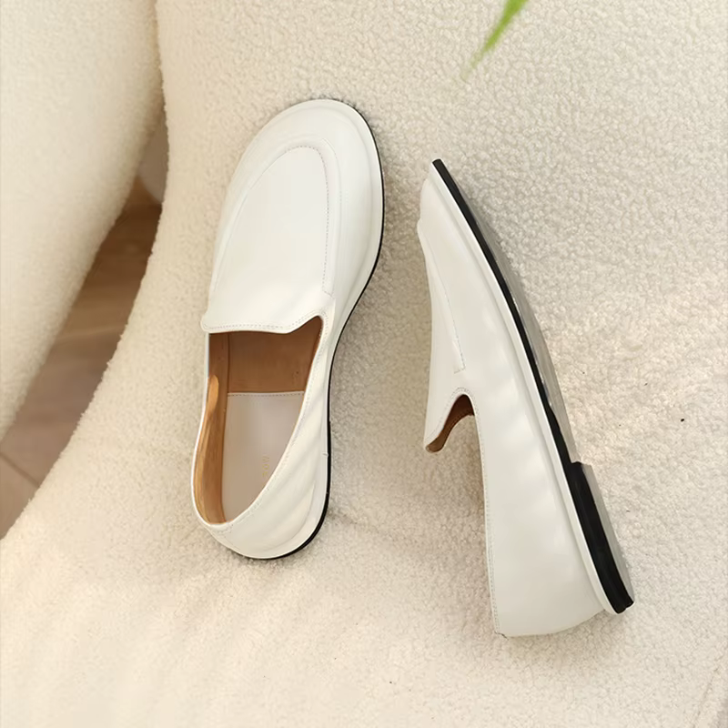 Mocassins ronds en cuir véritable pour femmes, chaussures à enfiler à un pied, chaussures plates sou
