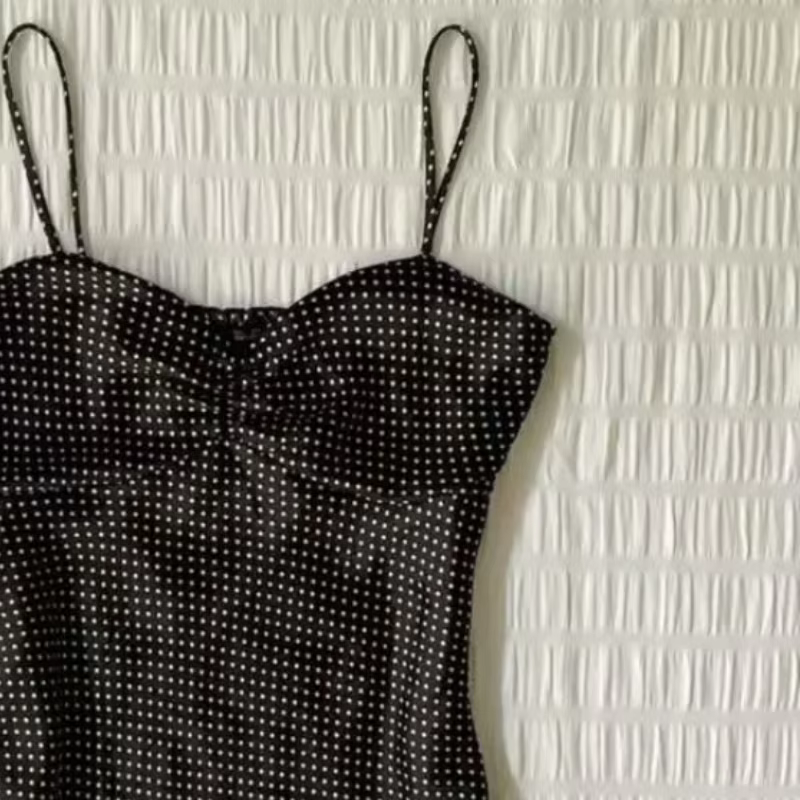 Camisole vintage à pois français pour femmes, été, plis, sans manches, Y2k, crop top, halter, hauts 