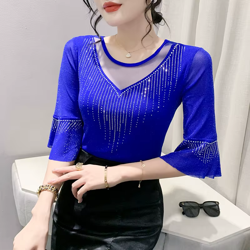 Sexy Patchwork maille t-shirt mince 3/4 manches été femmes haut forage chaud décontracté brillant so