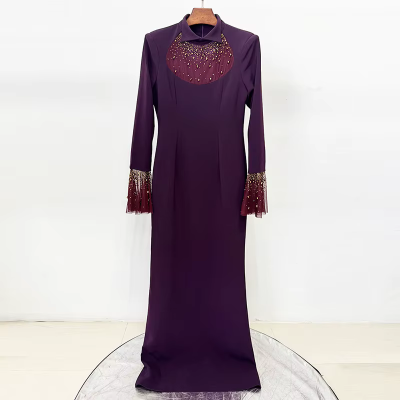 Nouvelle Collection 2026 – Robe Longue de Créateur pour Femme avec Col à Revers, Maille Patchwork, D