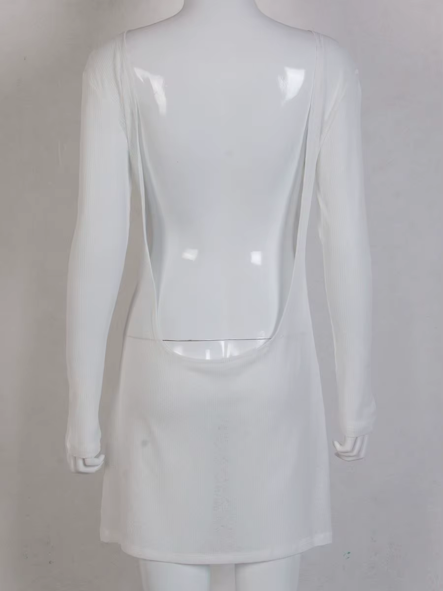 Femmes Sexy robe dos nu été à manches longues couleur unie voir à travers Club plage Mini robe maill
