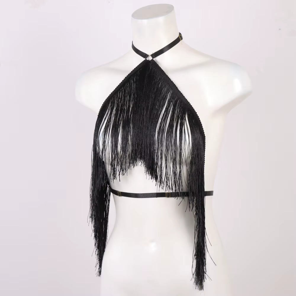 Haut licou à pampilles noires pour femmes, harnais élastique réglable, vêtements toutes saisons, hau