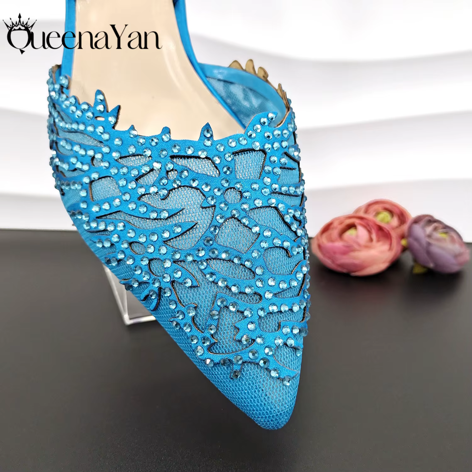 NigWin-Chaussures de soirée élégantes pour femmes, chaussures pleines de diamants de luxe, bleu ciel