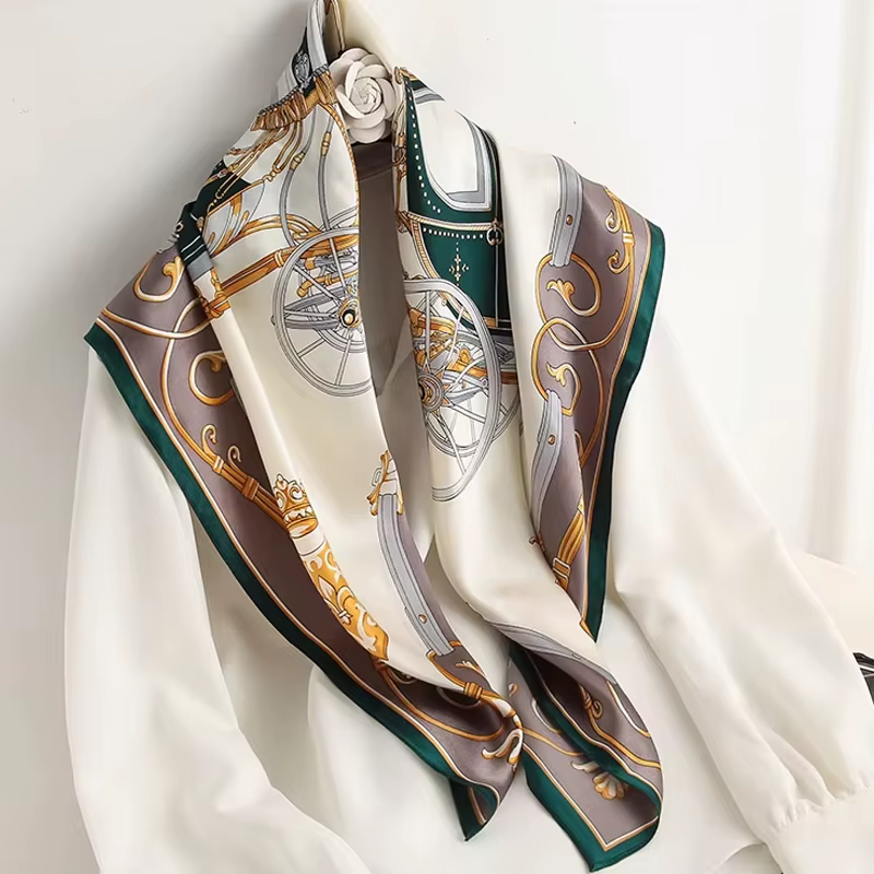 Foulard carré en soie pour femme 90x90cm, grande écharpe de luxe de marque, bandana imprimé, bandeau