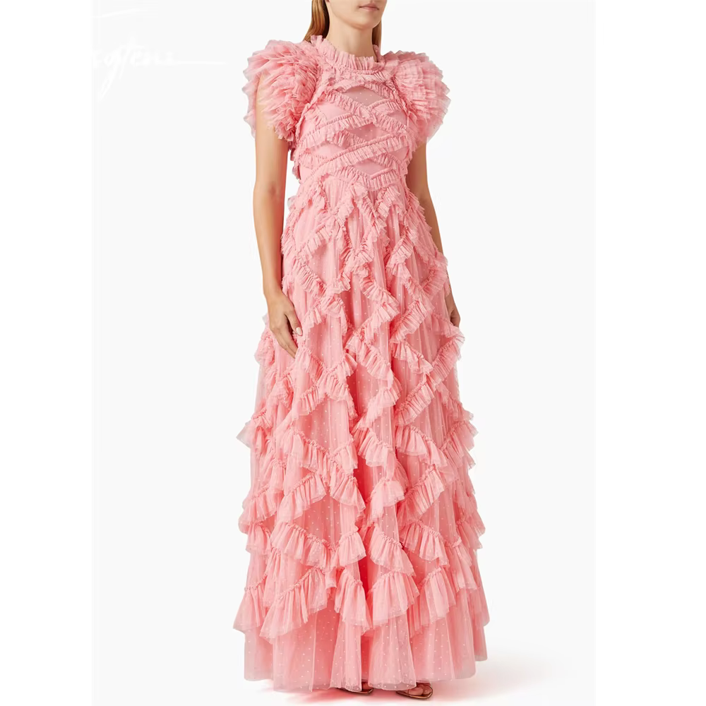 Robe de soirée en tulle personnalisée pour femmes, robes de Rhde nuit roses, mancherons ligne A, rob